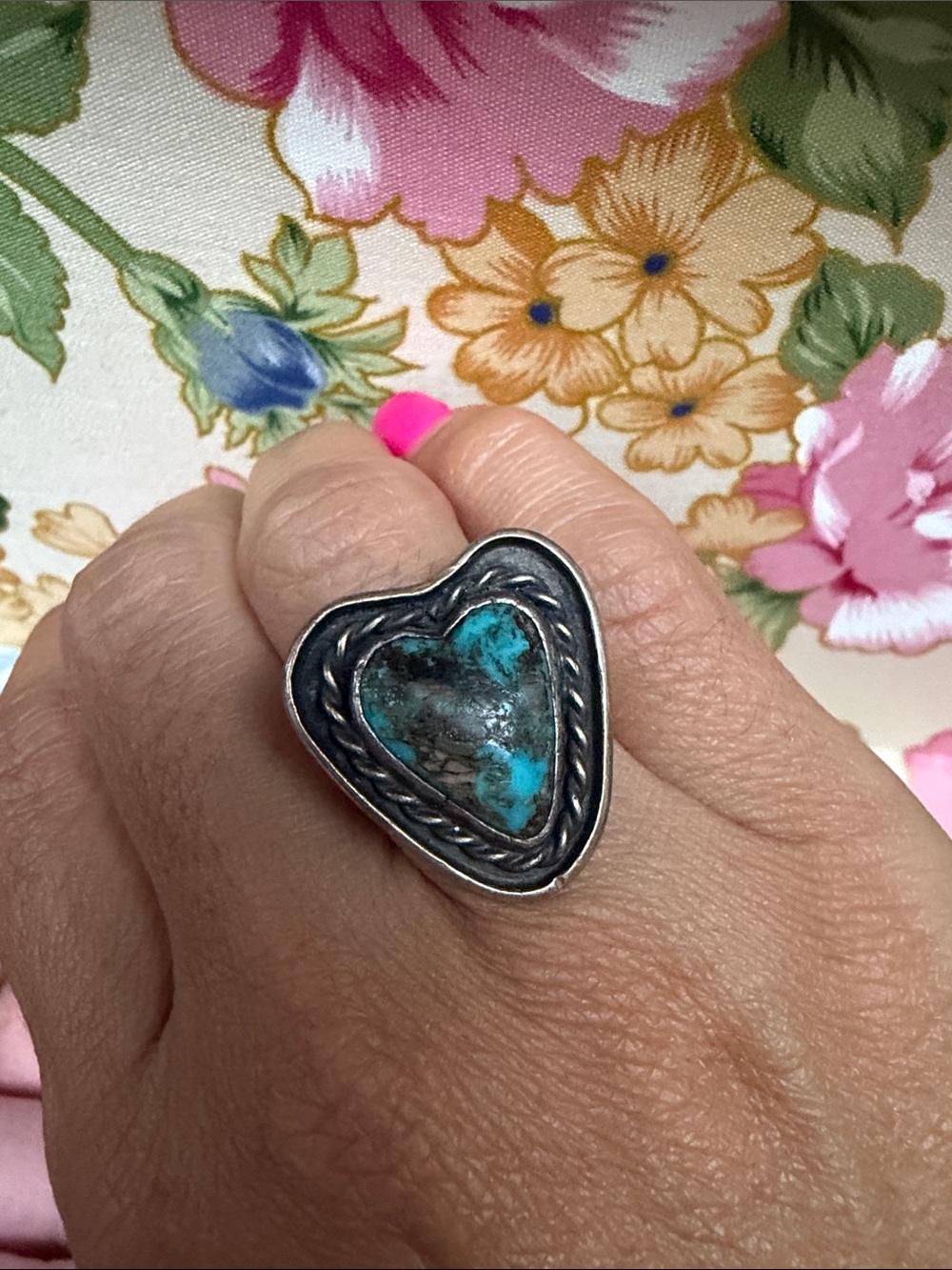 Sterling Silver Heart Turquoise Ring - Teal Blue Accent